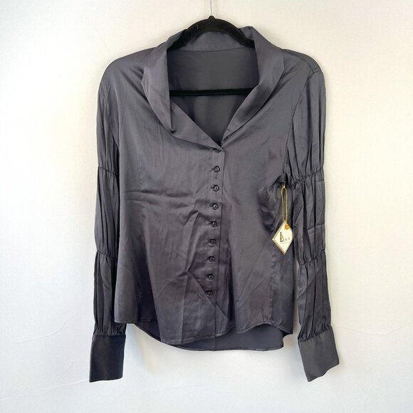 Luba by Hannah Payne Cellini Long Sleeve Satan Blouse Top Steel Blue Luxury - Picture 1 of 8